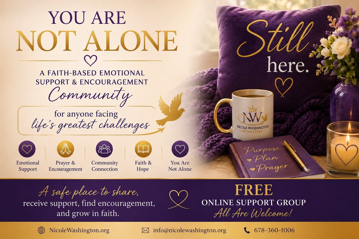 Promotional graphic for faith-based community featuring purple cushion, candles, mug, and text about emotional support and community