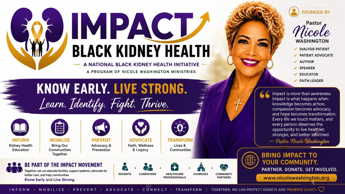 Impact Black Kidney Health campaign banner with logo, mission tagline, and portrait of founder Dr. Nicole Washington promoting early kidney disease awareness