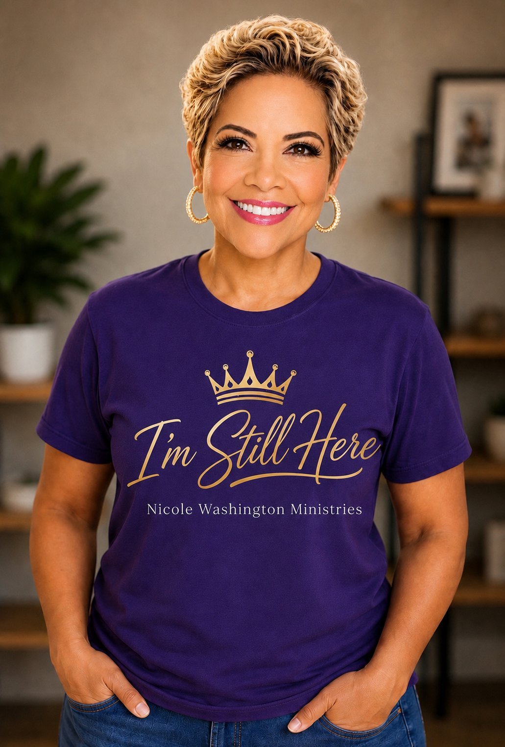 Woman wearing purple shirt with gold crown logo and Im Still Here text, smiling at camera in home setting