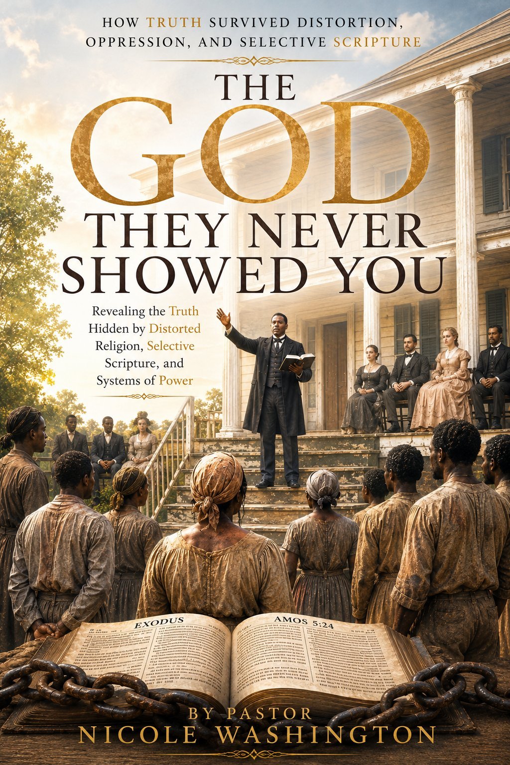 Book cover of The God They Never Showed You by Pastor Nicole Washington, featuring a preacher addressing a crowd before a columned building with an open Bible in the foreground