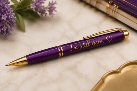 Purple pen with gold accents engraved with Im still here and a heart, displayed on marble with lilac flowers and a gold decorative tray.