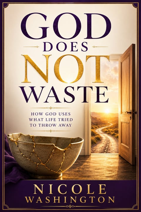 Book cover for God Does Not Waste by Nicole Washington with title text, cracked golden bowl, and open door showing sunset landscape