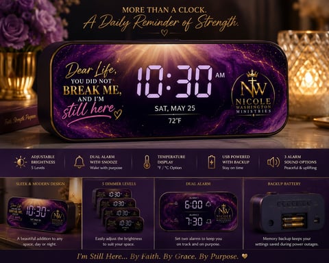 Digital alarm clock displaying 10:30 AM with purple floral design and inspirational text about strength and faith