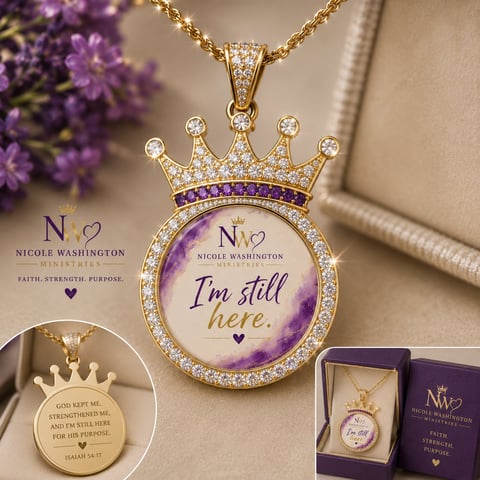 Gold crown pendant necklace with purple crystals and Im still here message, with purple flowers and packaging box visible