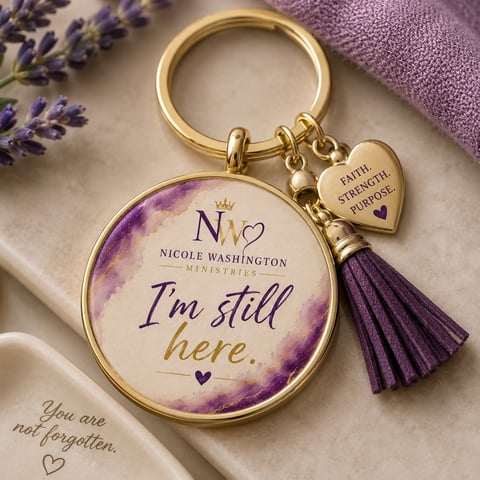 Gold keychain with circular pendant featuring purple watercolor design and I'm still here text, with heart charm and purple tassel