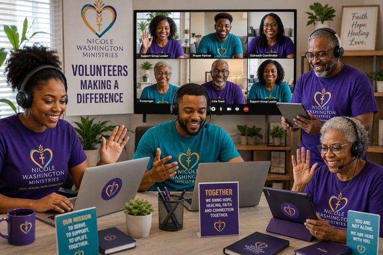 Nicole Washington Ministries volunteers in purple shirts participating in a virtual meeting, with some in an office and others joining via video call on screen.