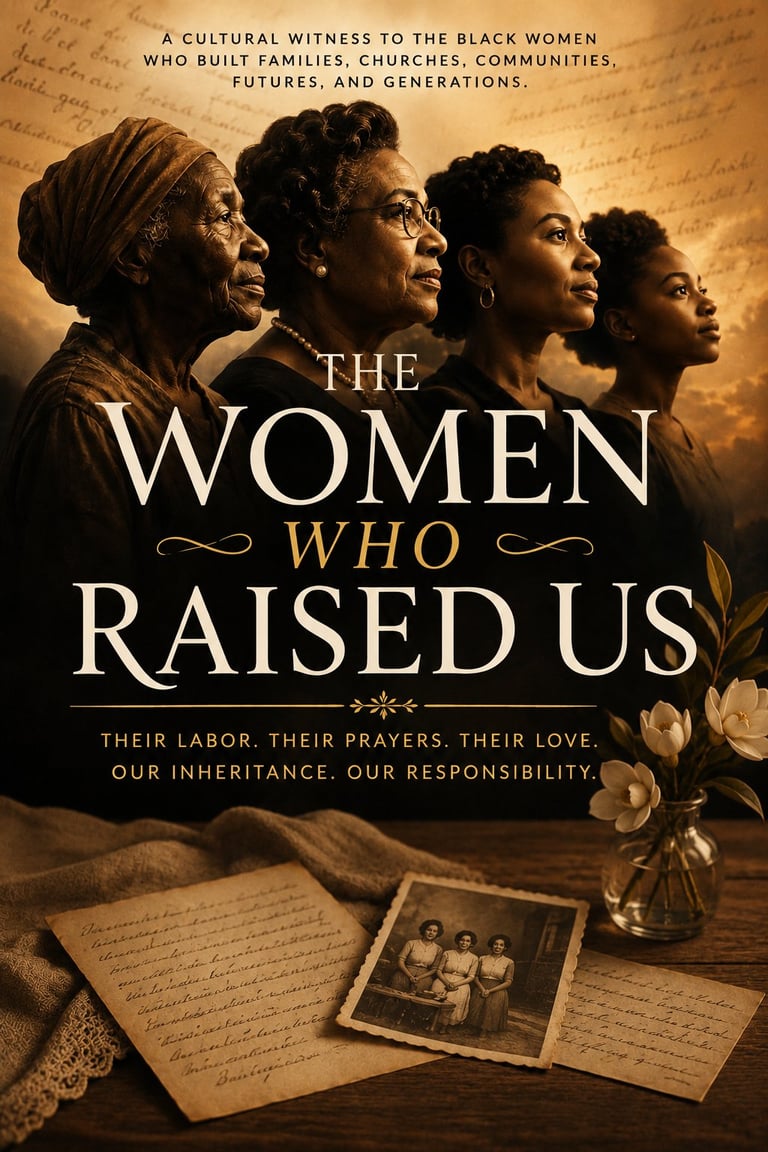 Movie poster for The Women Who Raised Us featuring four Black women in profile with handwritten letters and vintage photograph below