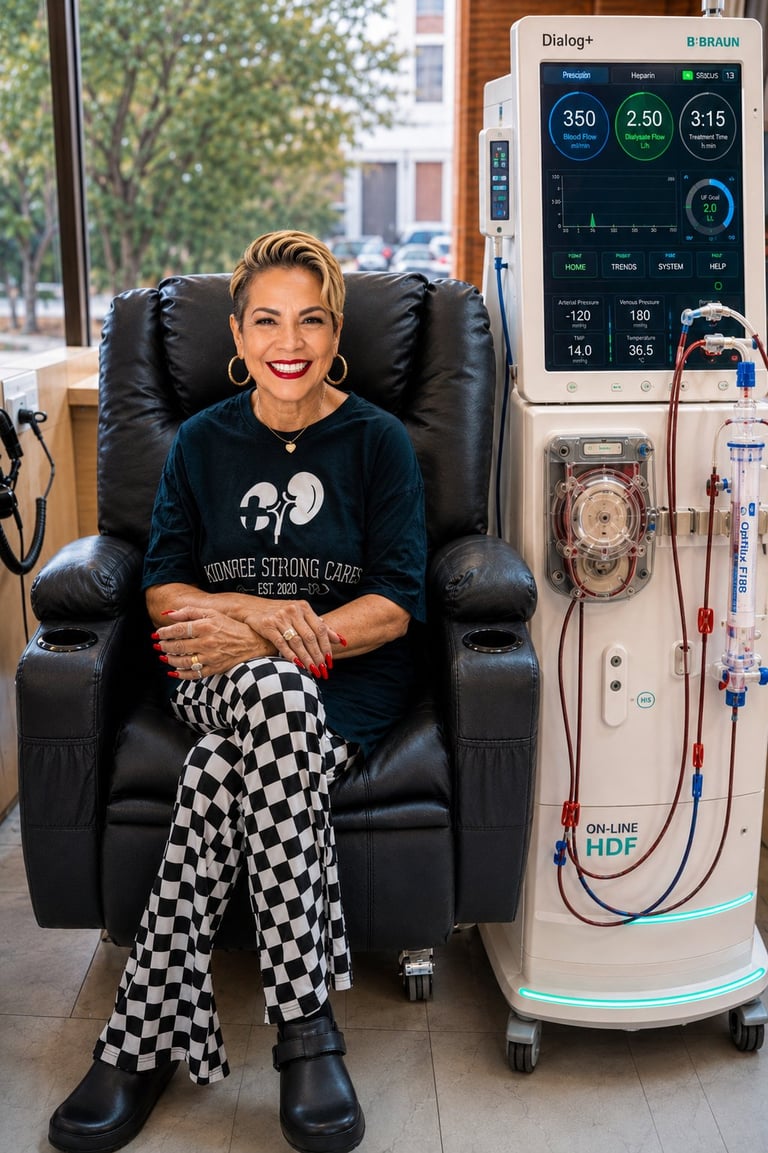 Pastor Nicole Washington sitting in dialysis chair, representing her journey of faith through chronic illness