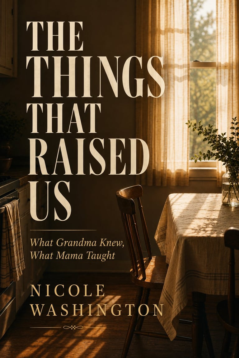 Book cover of The Things That Raised Us by Nicole Washington featuring a sunlit room with windows and wooden chairs