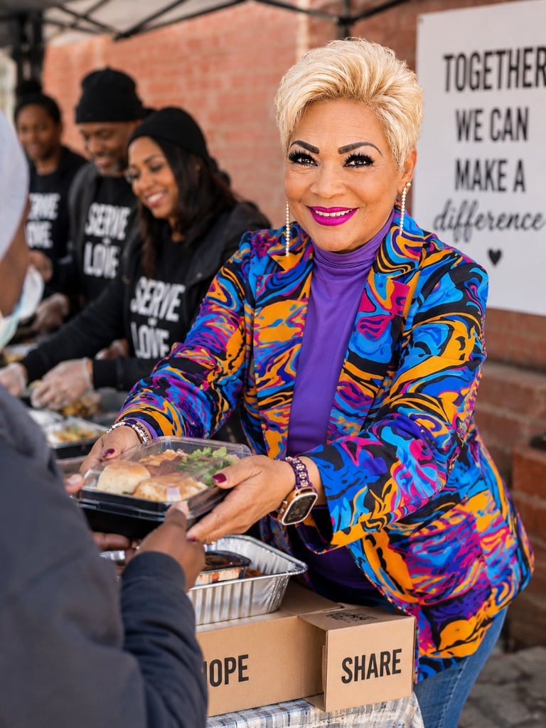 Woman in colorful patterned blazer serving food at community charity event with volunteers in background