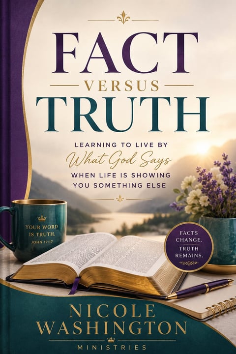 Book cover for Fact Versus Truth by Nicole Washington, featuring an open Bible, coffee mug, and lavender flowers against a scenic mountain lake background