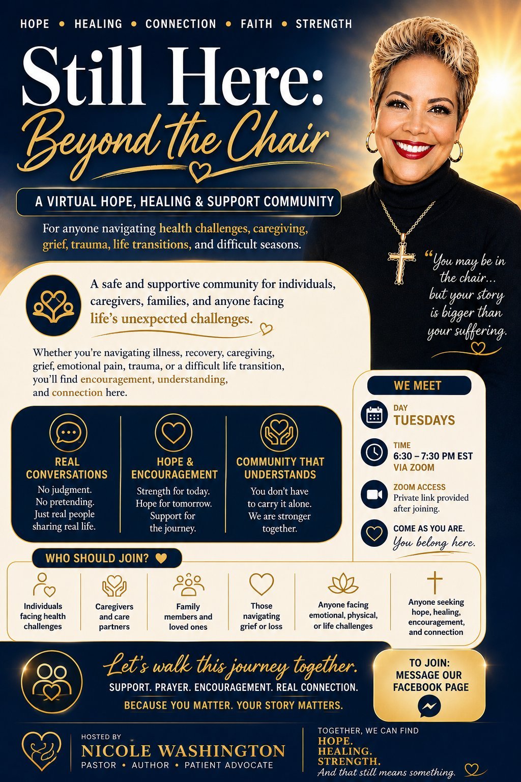 Still Here: Beyond the Chair virtual hope and healing support community flyer hosted by Nicole Washington for individuals facing health challenges and caregivers