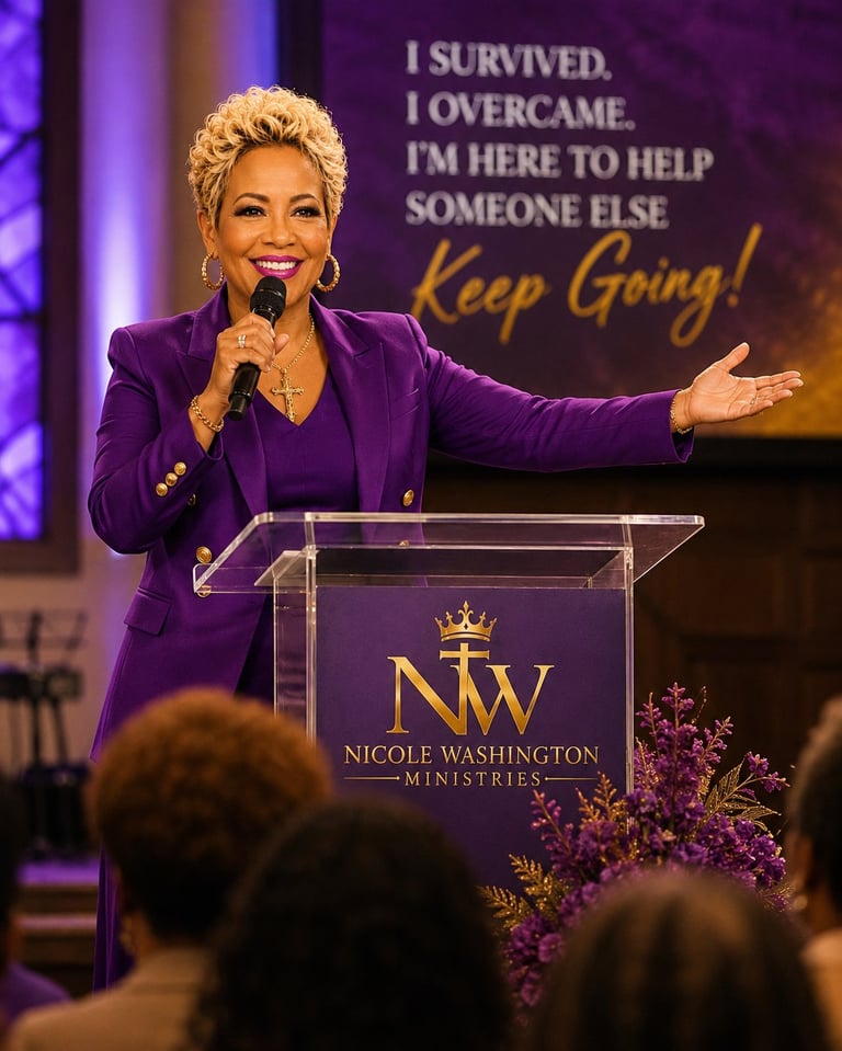 Woman in purple suit speaking at Nicole Washington Ministries podium with inspirational text and audience in foreground