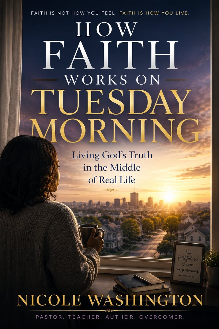 Book cover for How Faith Works on Tuesday Morning by Nicole Washington, showing a woman at a window overlooking a sunrise cityscape, with the subtitle Living God's Truth in the Middle of Real Life