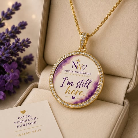 Gold pendant necklace with purple floral design and text Im still here in a beige gift box with purple lavender flowers