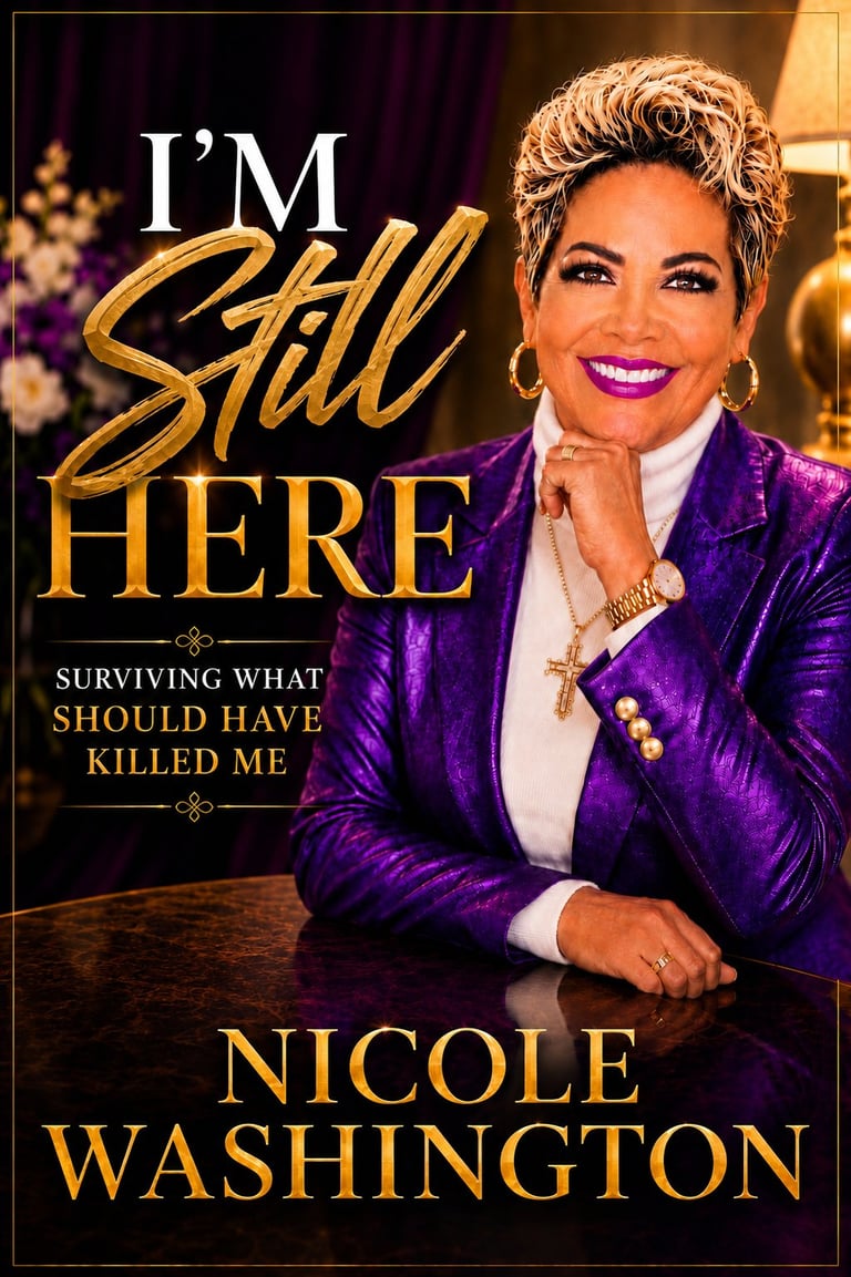 Book cover of Im Still Here autobiography by Nicole Washington showing a woman in a purple blazer seated at a desk with a branded mug and book.