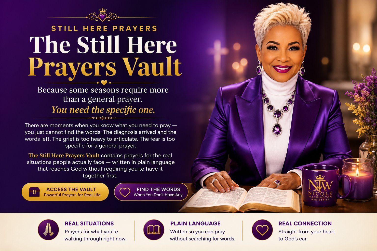 Woman in purple jacket with white open book promoting The Still Here Prayers Vault spiritual resource guide