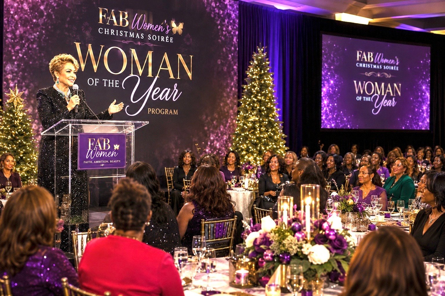 Pastor Nicole Washington speaking at the FAB Women Christmas Soirée Woman of the Year Program with a full ballroom of women in attendance
