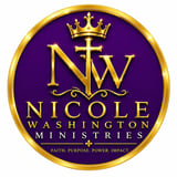 Nicole Washington Ministries logo featuring gold crown and cross on purple circular background with faith mission statement