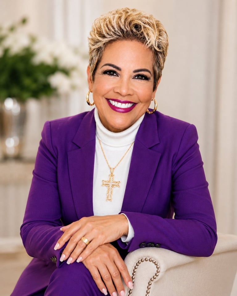 Woman with short blonde hair wearing a purple blazer and white turtleneck, smiling at camera against light background with flowers