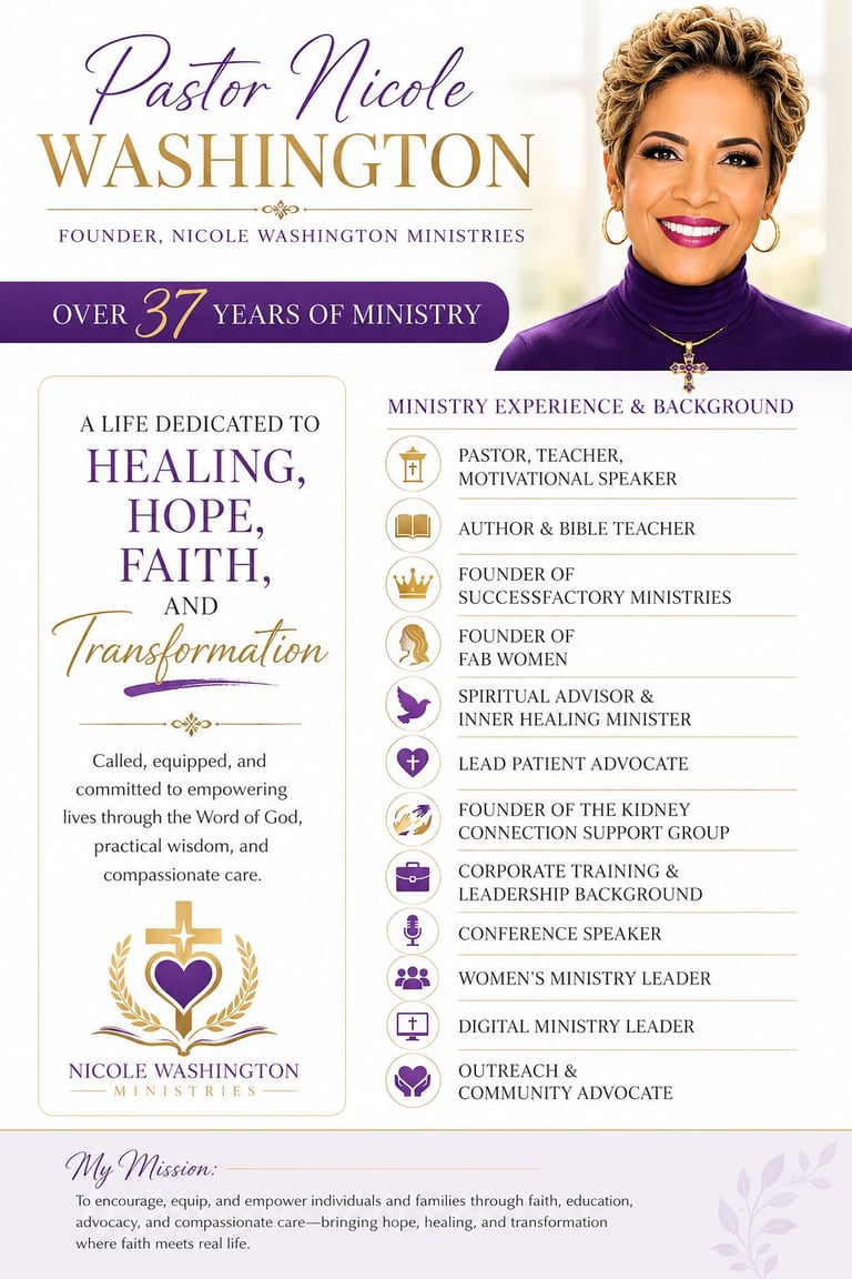 Pastor Nicole Washington biography card highlighting more than 40 years of ministry in healing, hope, faith, and transformation through multiple leadership roles