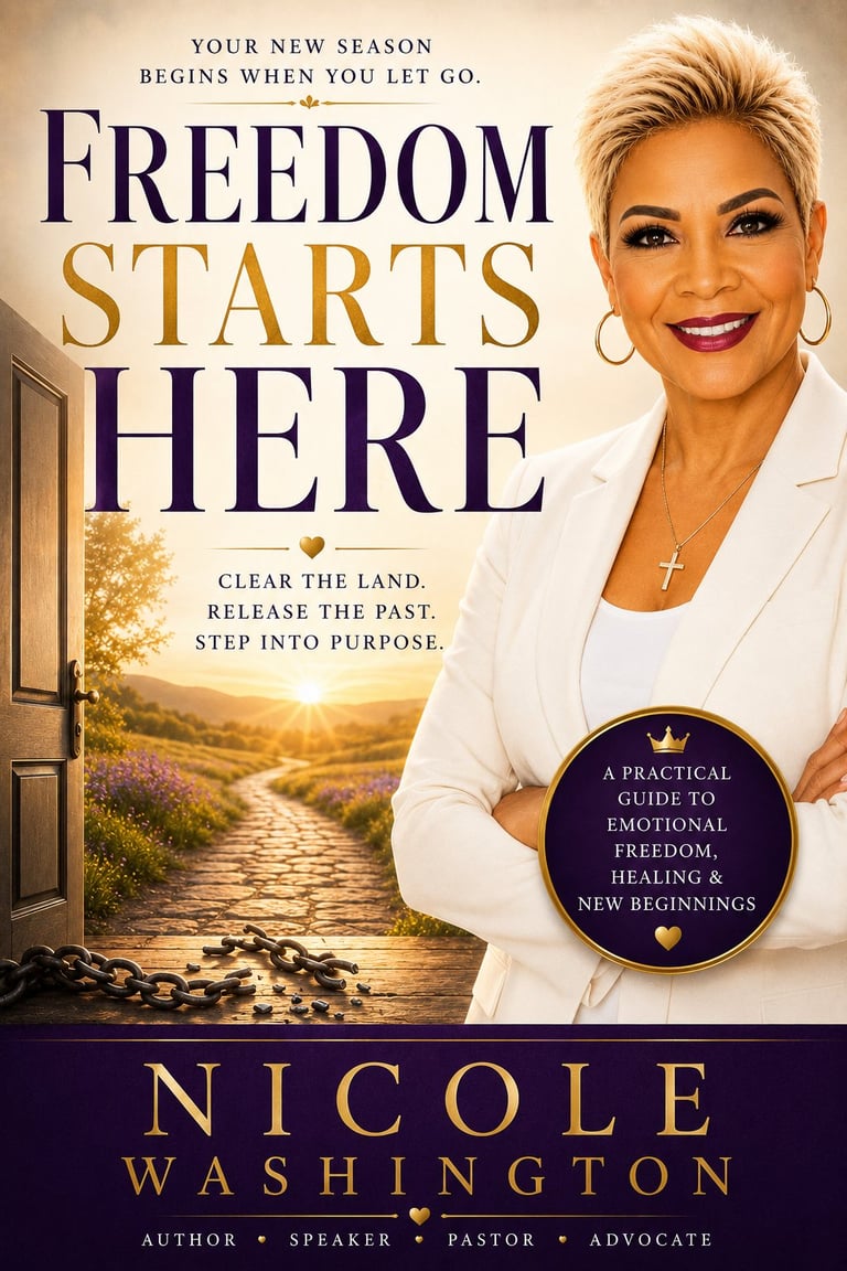 Book cover for Freedom Starts Here by Nicole Washington showing a woman in white against a golden field landscape with motivational text