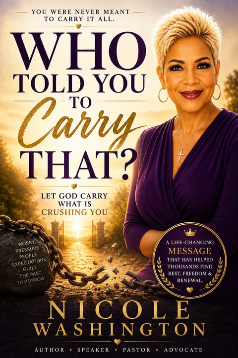 Book cover for Who Told You to Carry That? by Nicole Washington featuring a woman in purple with a sunset road background