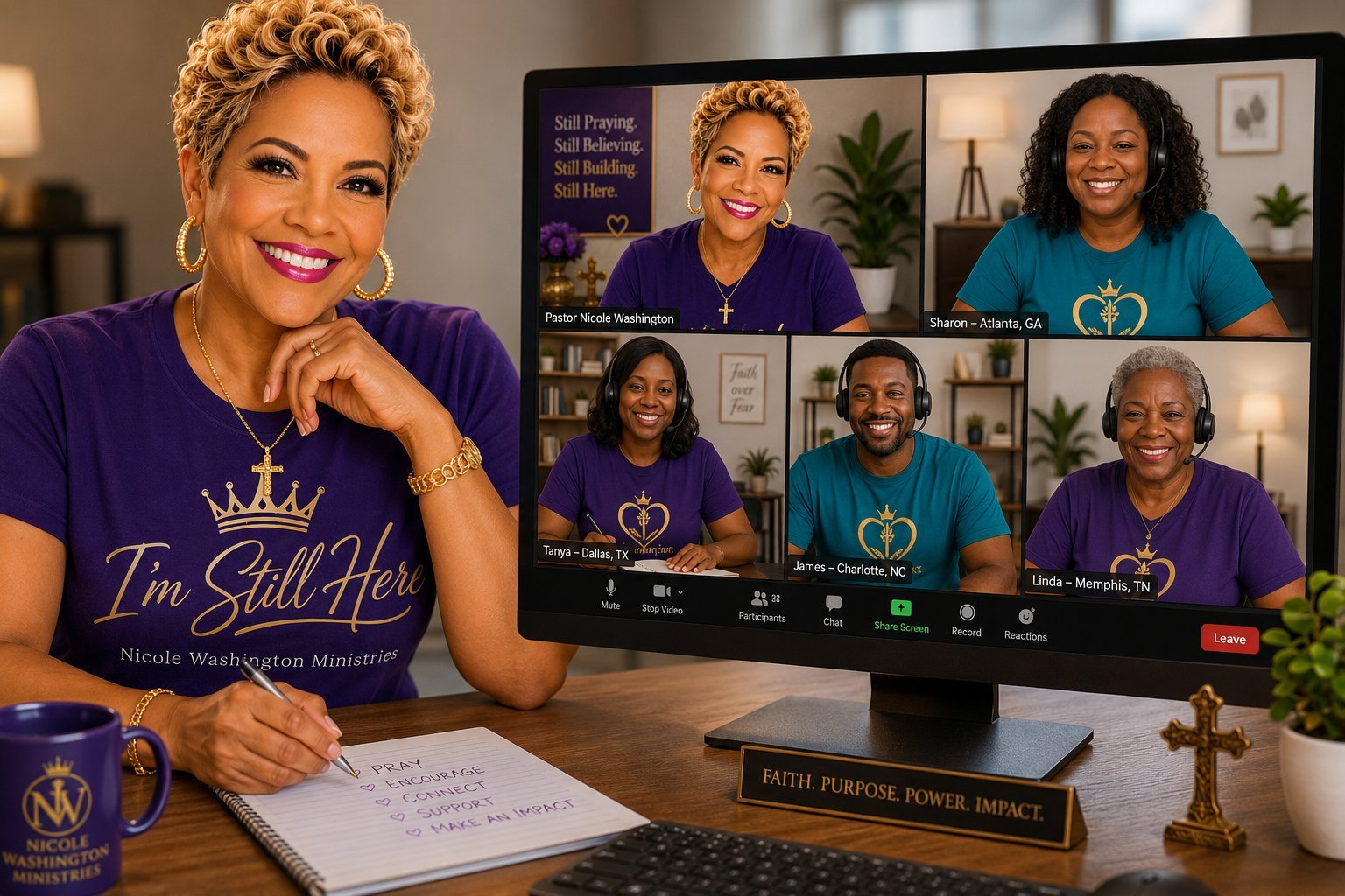 Woman in purple Im Still Here shirt at desk during video call with five participants on monitor screen