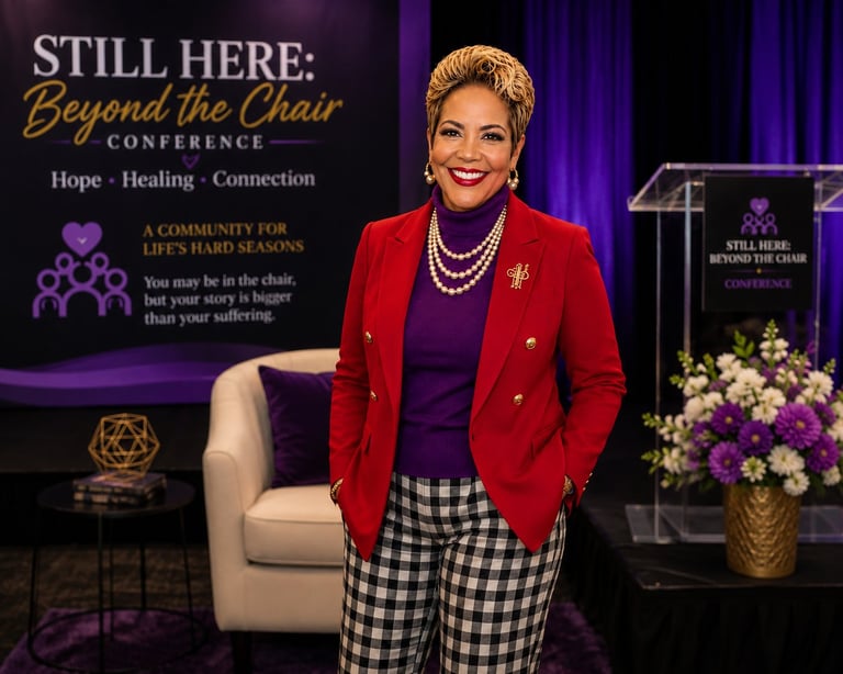 Woman in red blazer and checkered pants stands on stage at Still Here Beyond the Chair conference event