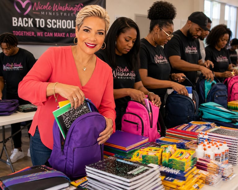 Woman in pink blazer displaying purple backpack at Nicole Washington Foundation Back to School event with volunteers and school supplies