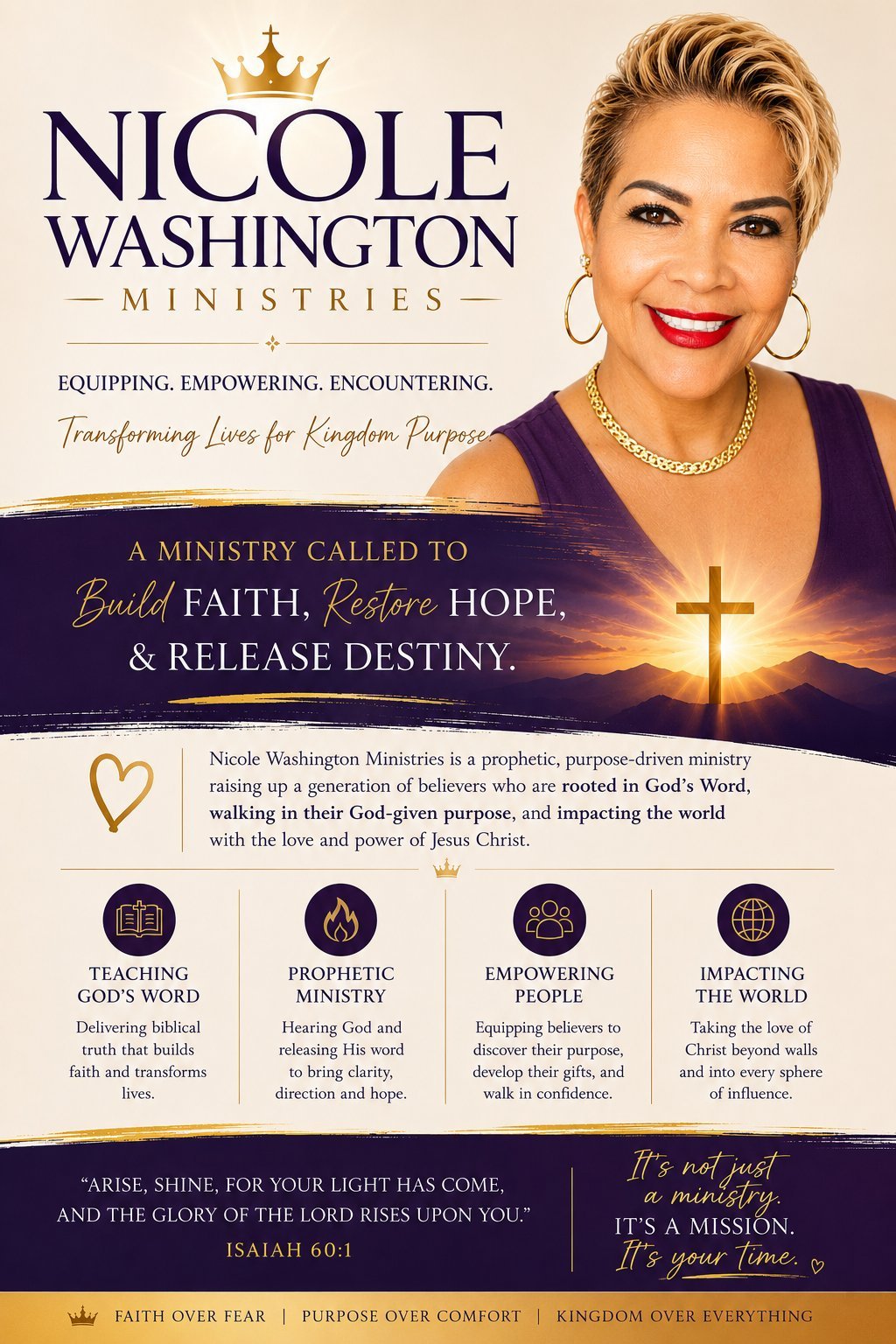 Nicole Washington Ministries promotional flyer featuring a woman with short blonde hair, gold cross, and ministry mission statement about faith, hope, and destiny.