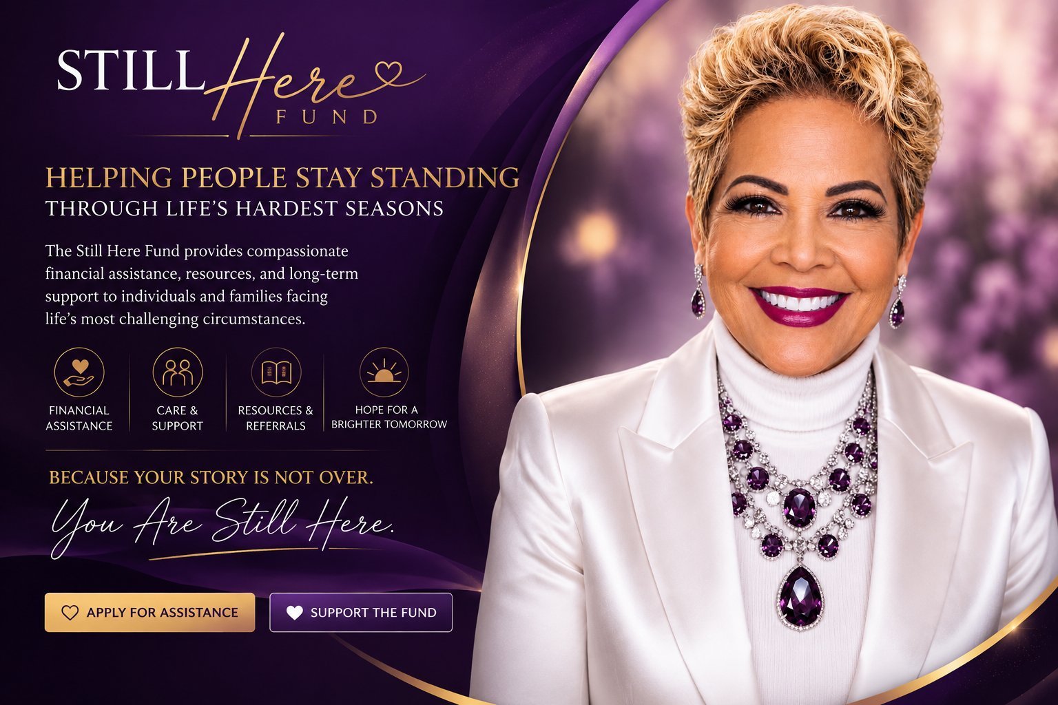 Woman in white blazer and statement jewelry with Still Here fund website promoting financial assistance and resources for lifes challenges