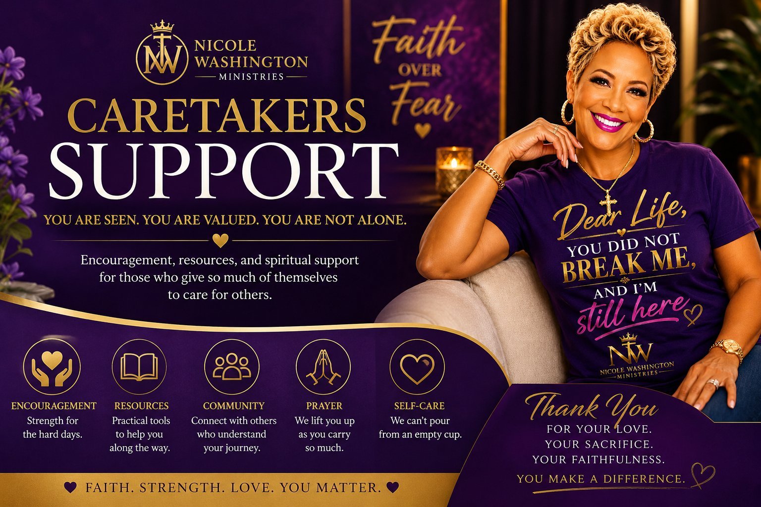 Nicole Washington Ministry caretakers support banner featuring a smiling woman in purple with encouragement messages and five support icons including prayer, resources, community, prayer, and self-care.
