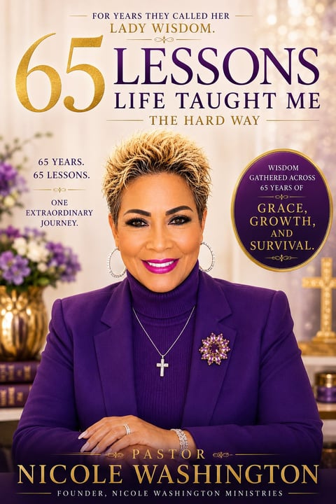 65 Lessons Life Taught Me the Hard Way book cover — Pastor Nicole in purple turtleneck and blazer
