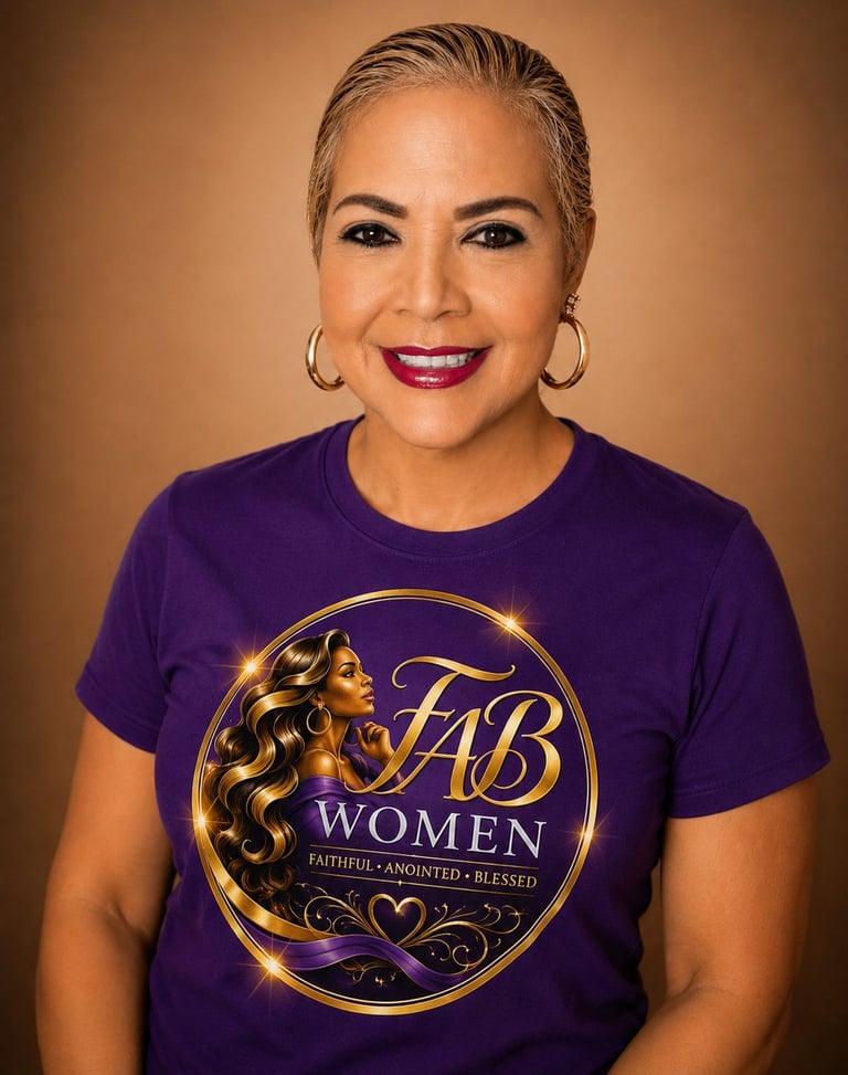 Woman wearing purple FAB Women t-shirt with gold logo, standing against beige background, wearing gold hoop earrings and magenta lipstick