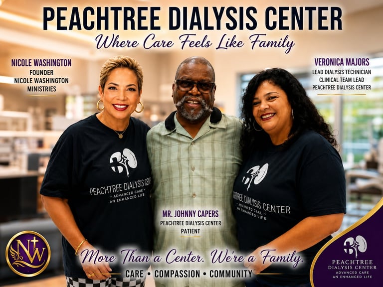 Three smiling staff members from Peachtree Dialysis Center: founder Nicole Washington on the left, patient Mr. Johnny Capers in the center, and Lead Dialysis Technician/Clinical Team Lead Veronica Majors on the right