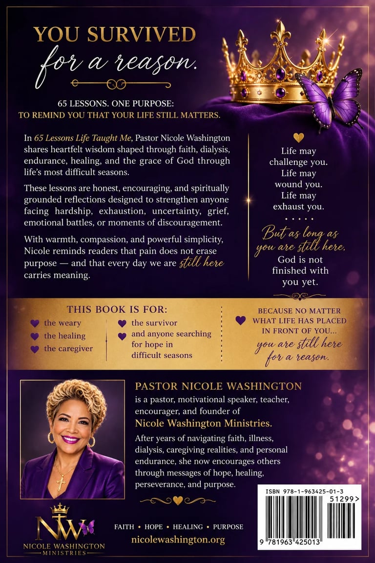 Back cover of 65 Lessons Life Taught Me by Pastor Nicole Washington with gold crown, purple butterfly, and inspirational text about surviving with purpose and embracing God's plan for your life