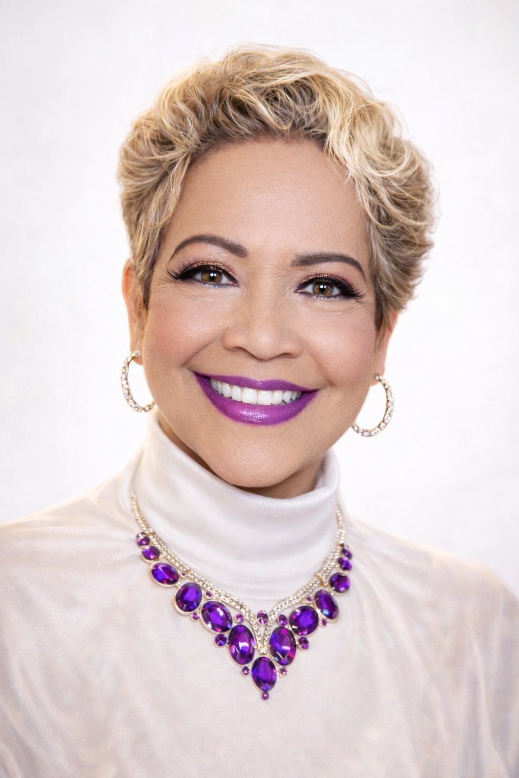 Portrait of a woman with short blonde hair, purple lipstick, gold hoop earrings, and a purple gemstone necklace on a white background