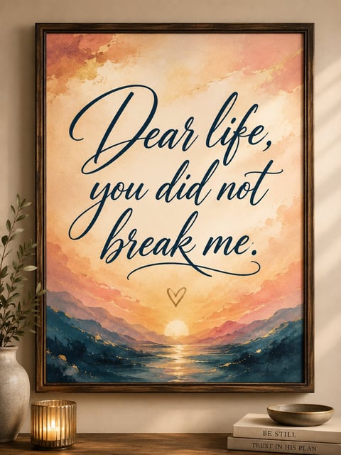 Framed inspirational artwork with sunset landscape background and handwritten text reading Dear life, you did not break me. with decorative heart.