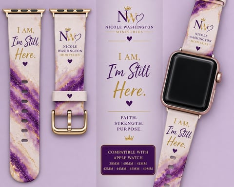 Purple and gold watercolor Apple Watch band set with I Am Still Here inspirational message and Nicole Washington branding, deluxe packaging