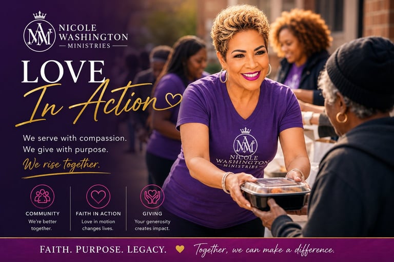 Woman in purple Nicole Washington Ministries shirt serving food at community event with Love In Action messaging and faith-based values displayed