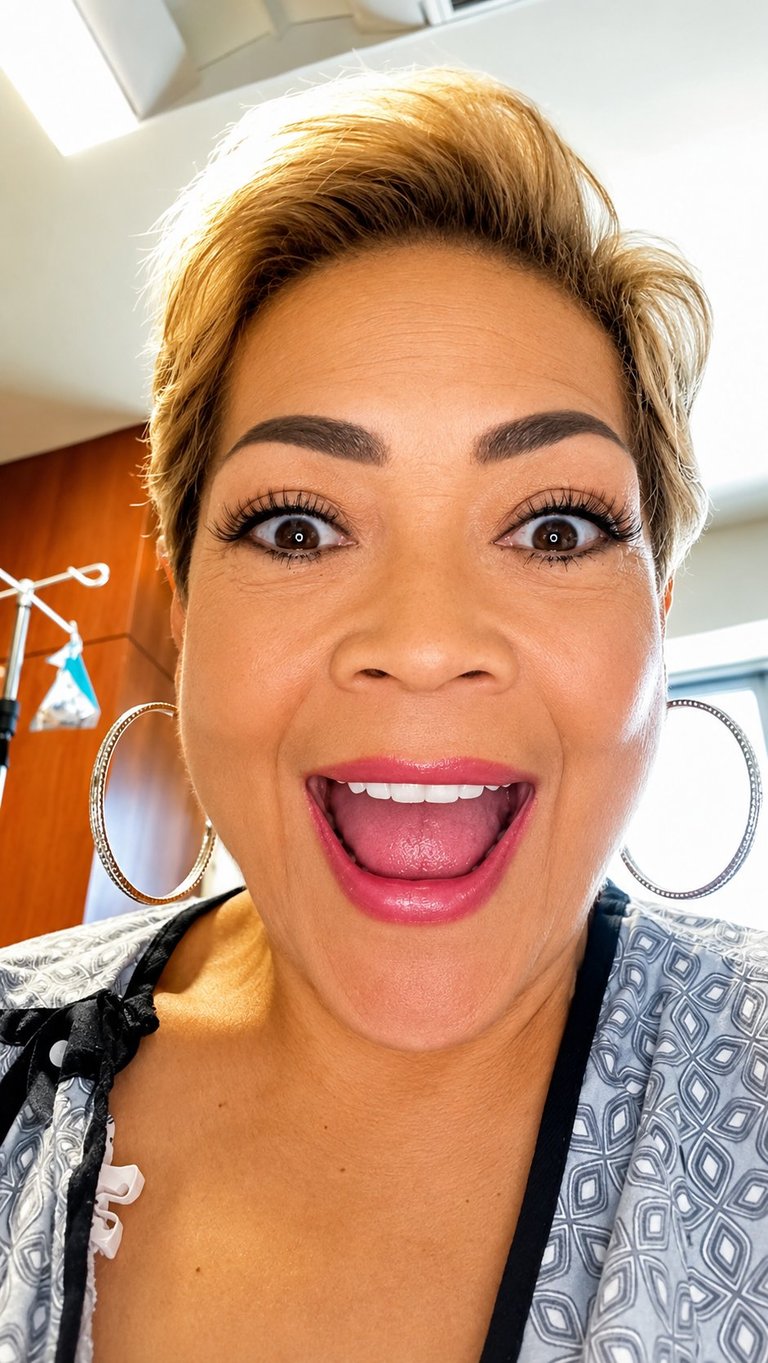 Woman with short blonde hair, large hoop earrings, and bold makeup smiling with mouth wide open at the camera indoors
