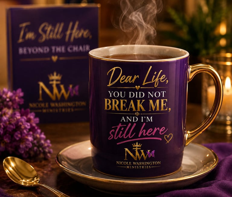 Purple mug with gold text reading Dear Life, YOU DID NOT BREAK ME, AND IM still here next to matching book on warm purple background