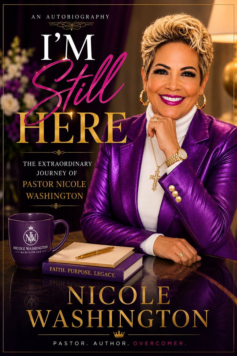 Book cover of Im Still Here autobiography by Pastor Nicole Washington featuring her in a purple blazer against a warm-toned background