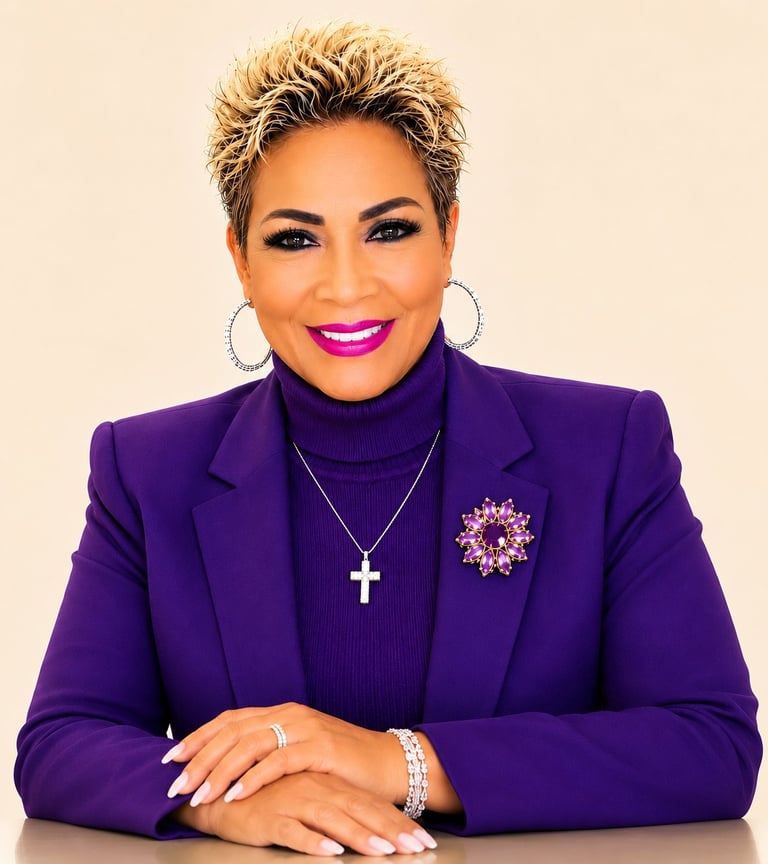 Portrait of a woman with short blonde hair wearing a purple blazer, cross necklace, and decorative brooch against a beige background