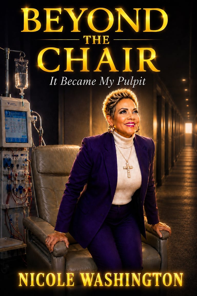 Cover of Beyond the Chair by Nicole Washington — woman in a purple suit seated in a medical chair with a dialysis machine in a hospital hallway, title in gold.