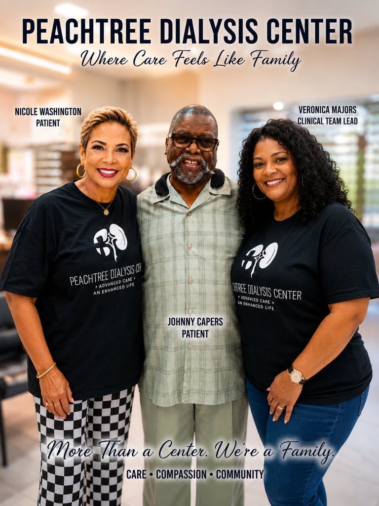 Three smiling people at Peachtree Dialysis Center - two staff members in black kidney logo shirts flanking a patient in a gray button-up shirt