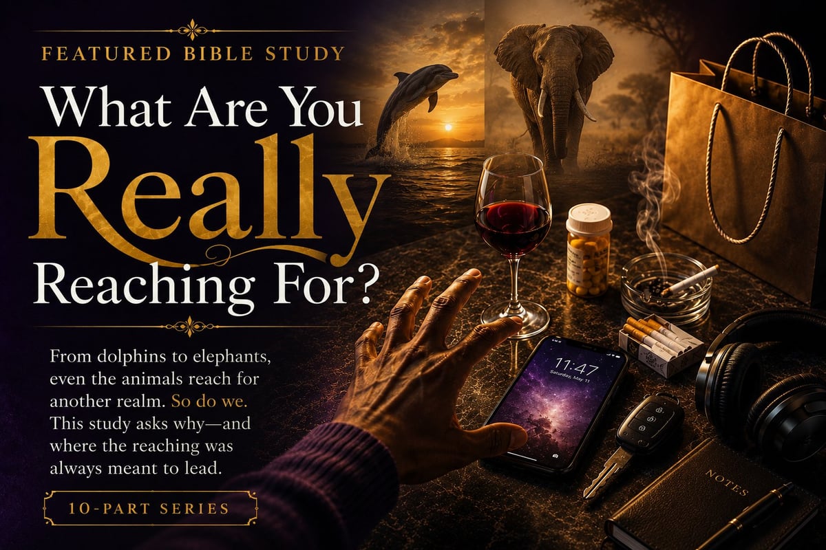 Featured Bible Study graphic titled What Are You Really Reaching For? featuring animals, camera, wine glass, and other objects in dramatic lighting