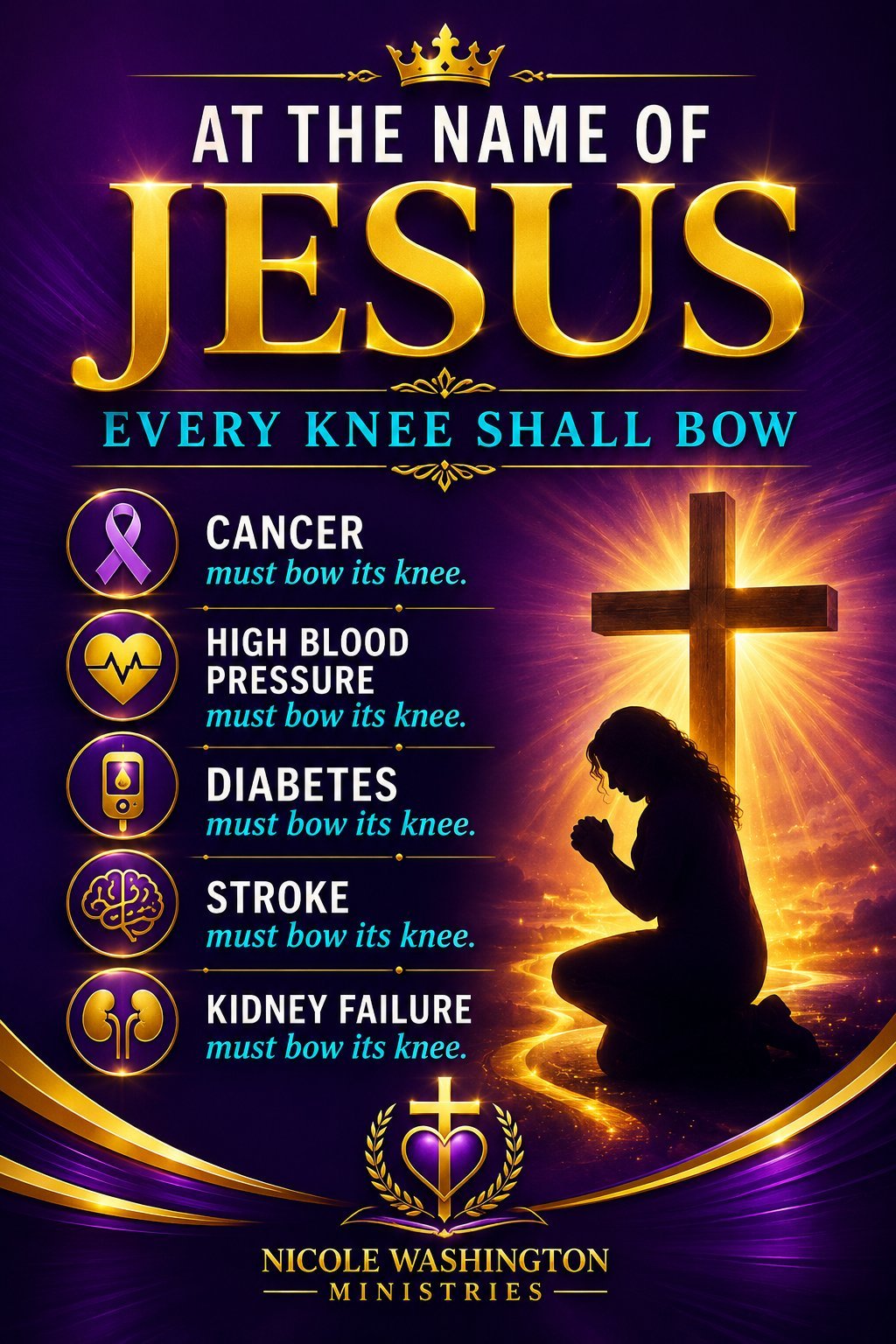 Religious inspirational poster featuring Jesus name with glowing cross and silhouette of praying person, listing health conditions that must bow to Jesus faith