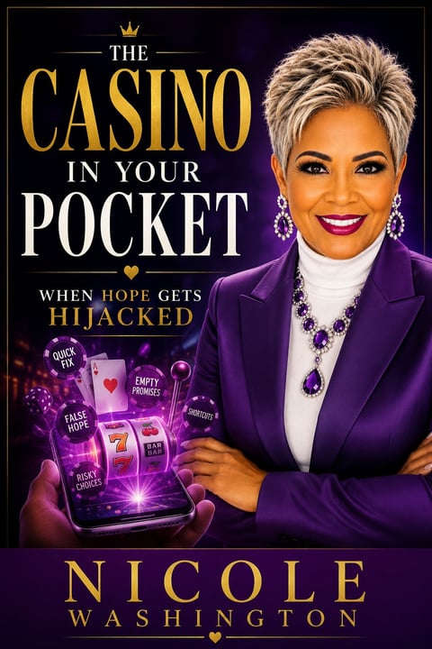 Book cover for The Casino in Your Pocket by Nicole Washington featuring a woman in purple blazer next to a glowing smartphone with slot machine imagery